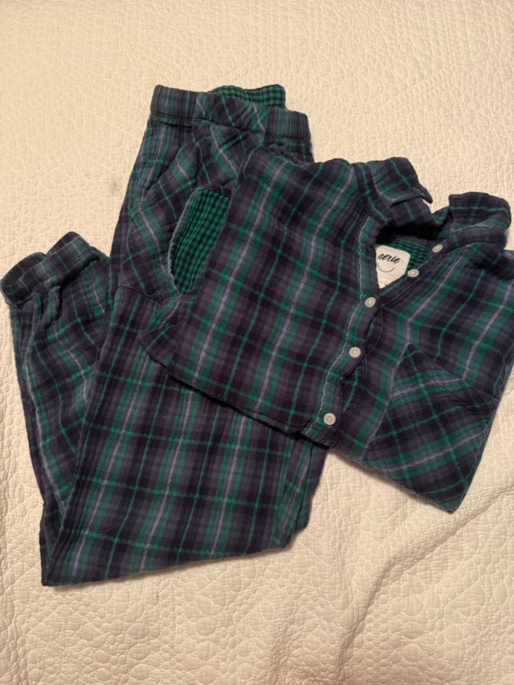 Aerie Plaid  Flannel Pajama Set - Navy & Green